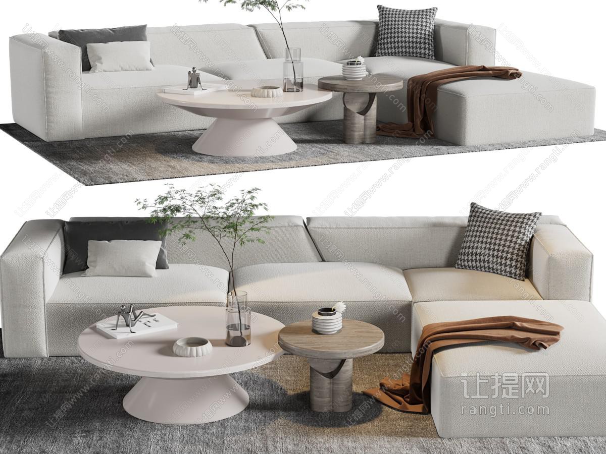 现代转角布艺沙发、茶几组合