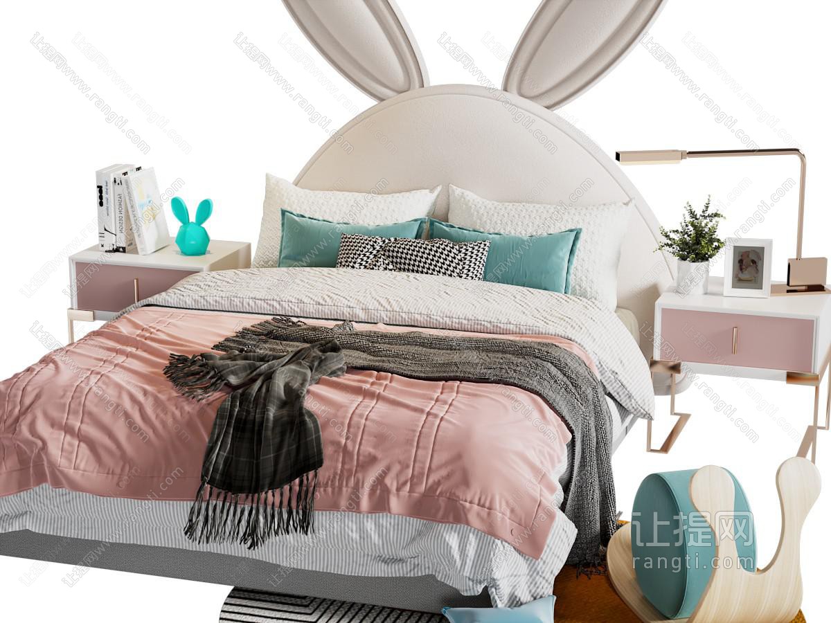 现代轻奢女孩兔子床头双人床、床头柜
