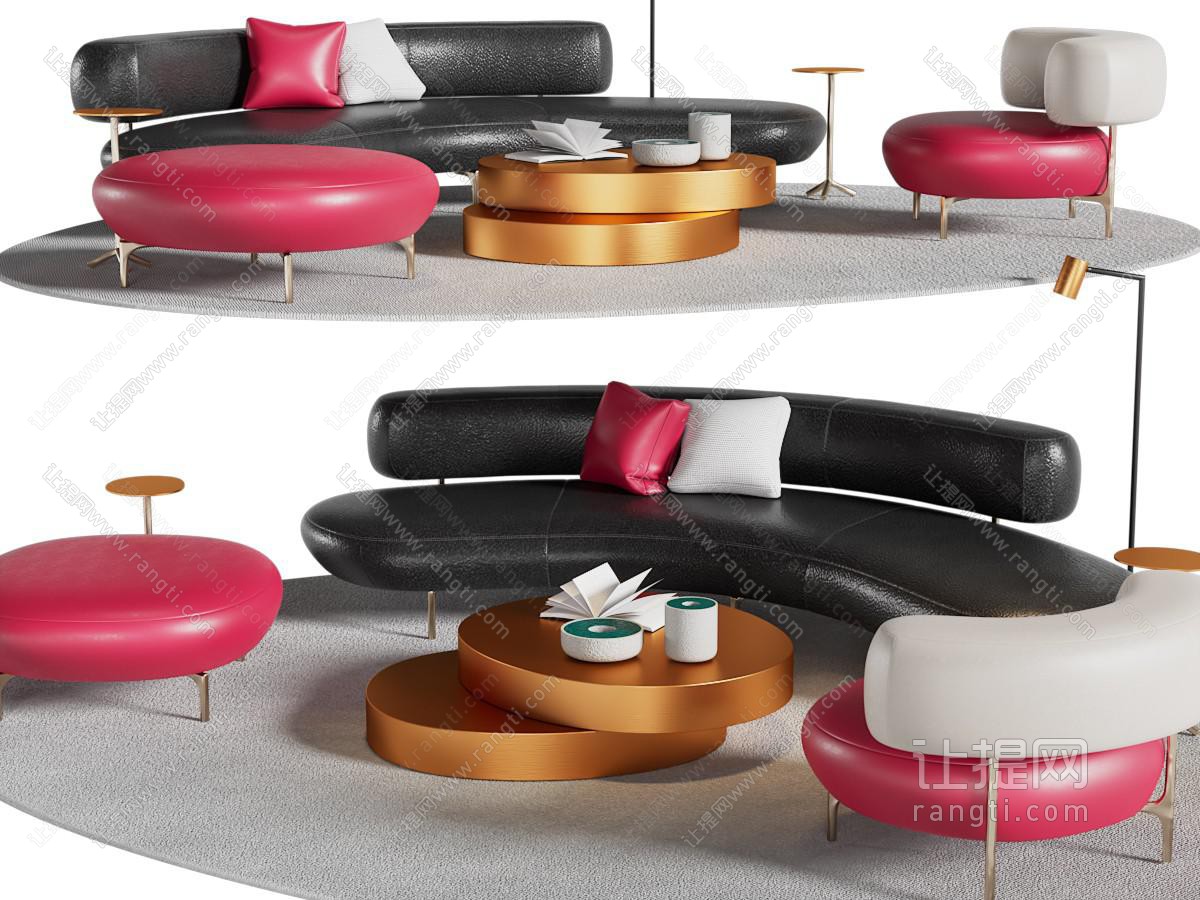 现代撞色弧形多人、单人沙发、茶几组合