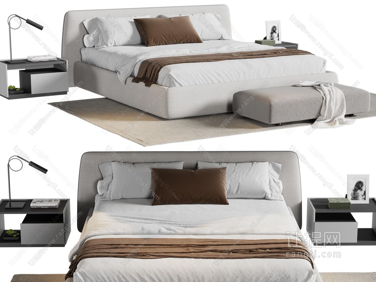 现代布艺双人床、床头柜