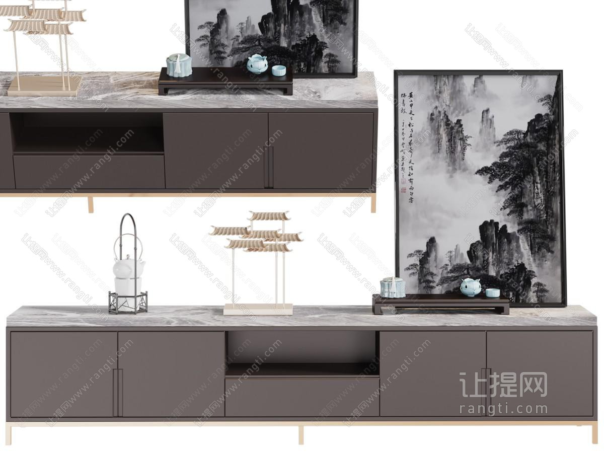新中式电视柜、装饰画摆件