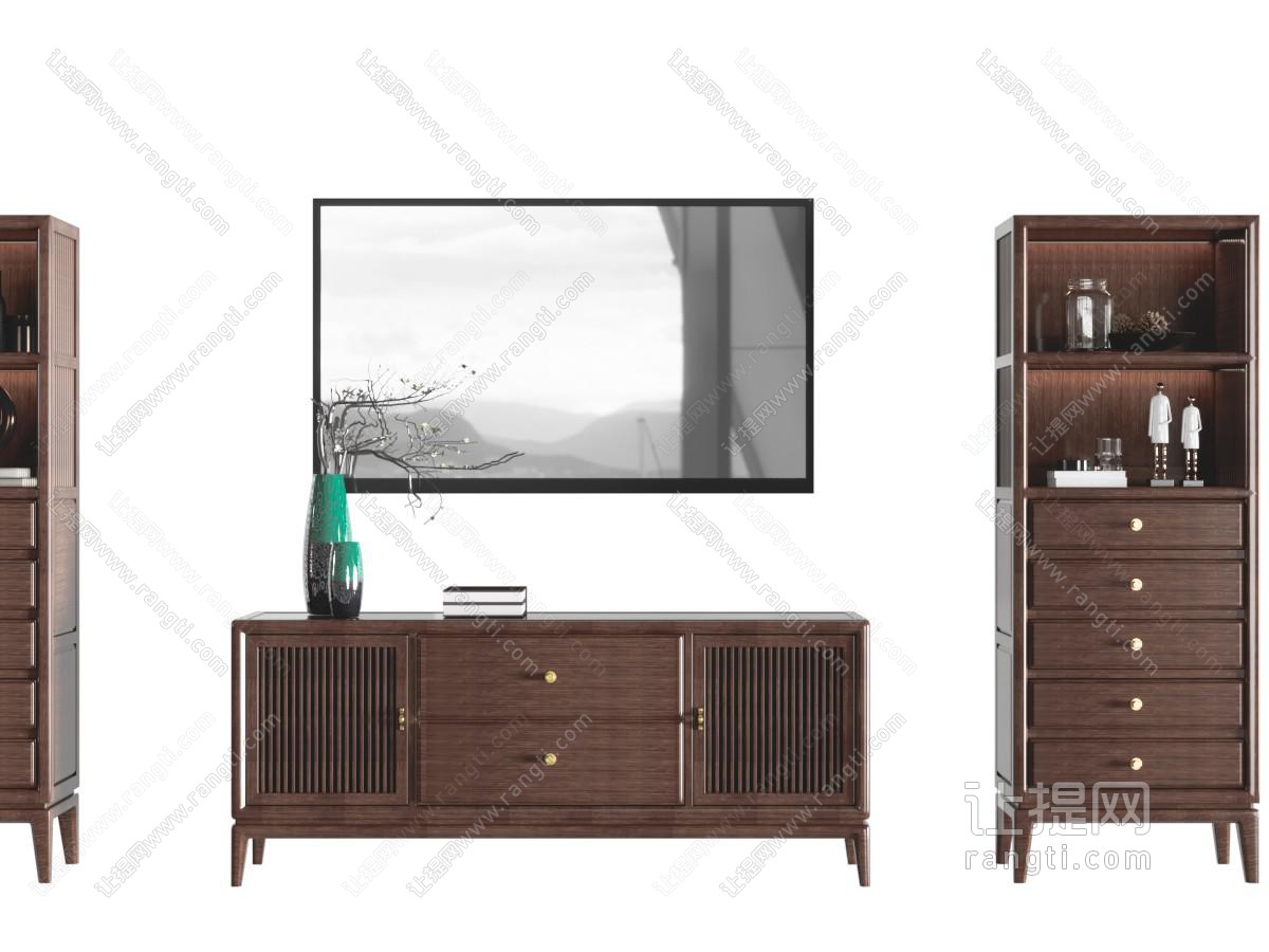 新中式实木电视柜、电视机和装饰柜