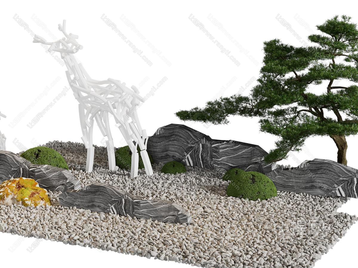 新中式石子、松树景观园艺小品