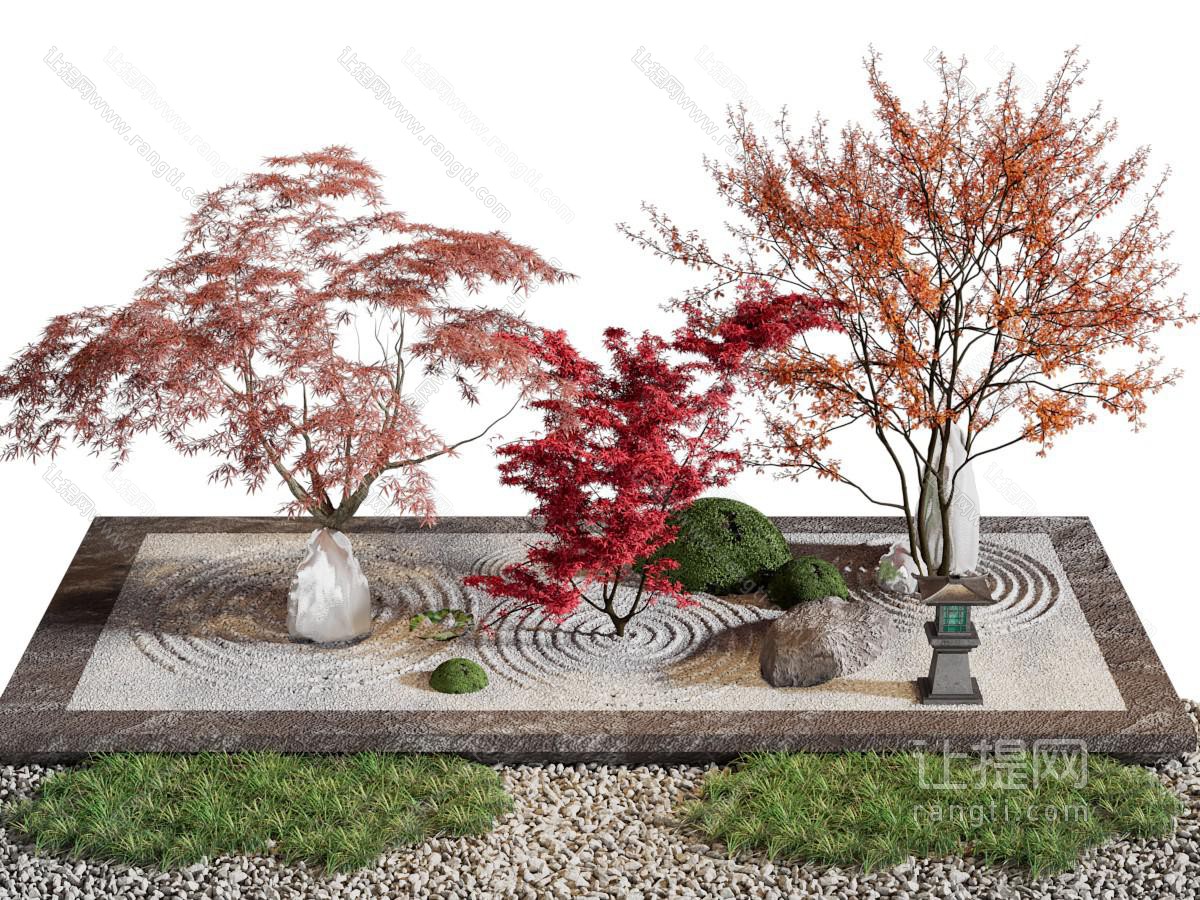 新中式枫树、花草石子景观园艺小品