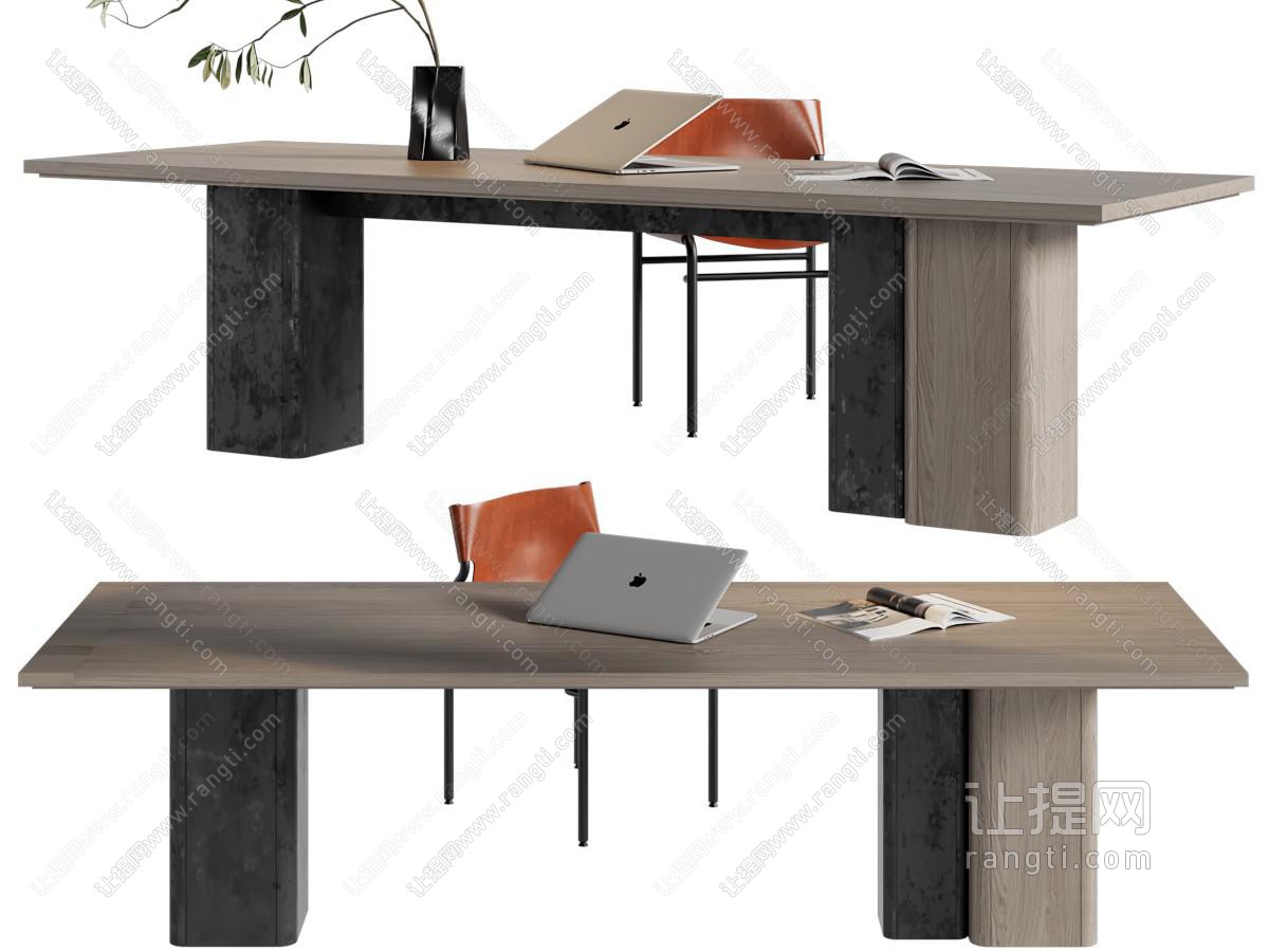 现代实木长方形书桌椅组合