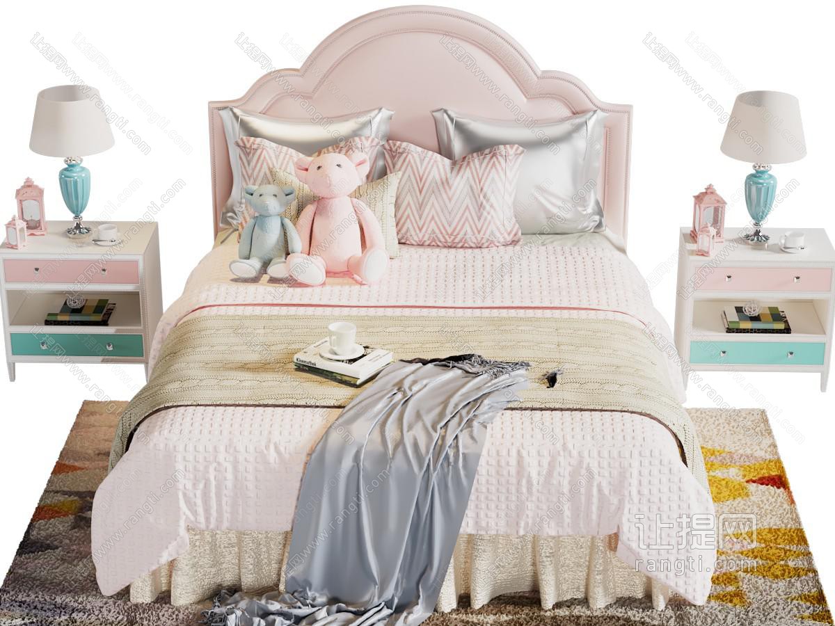 现代女孩双人床、床头柜