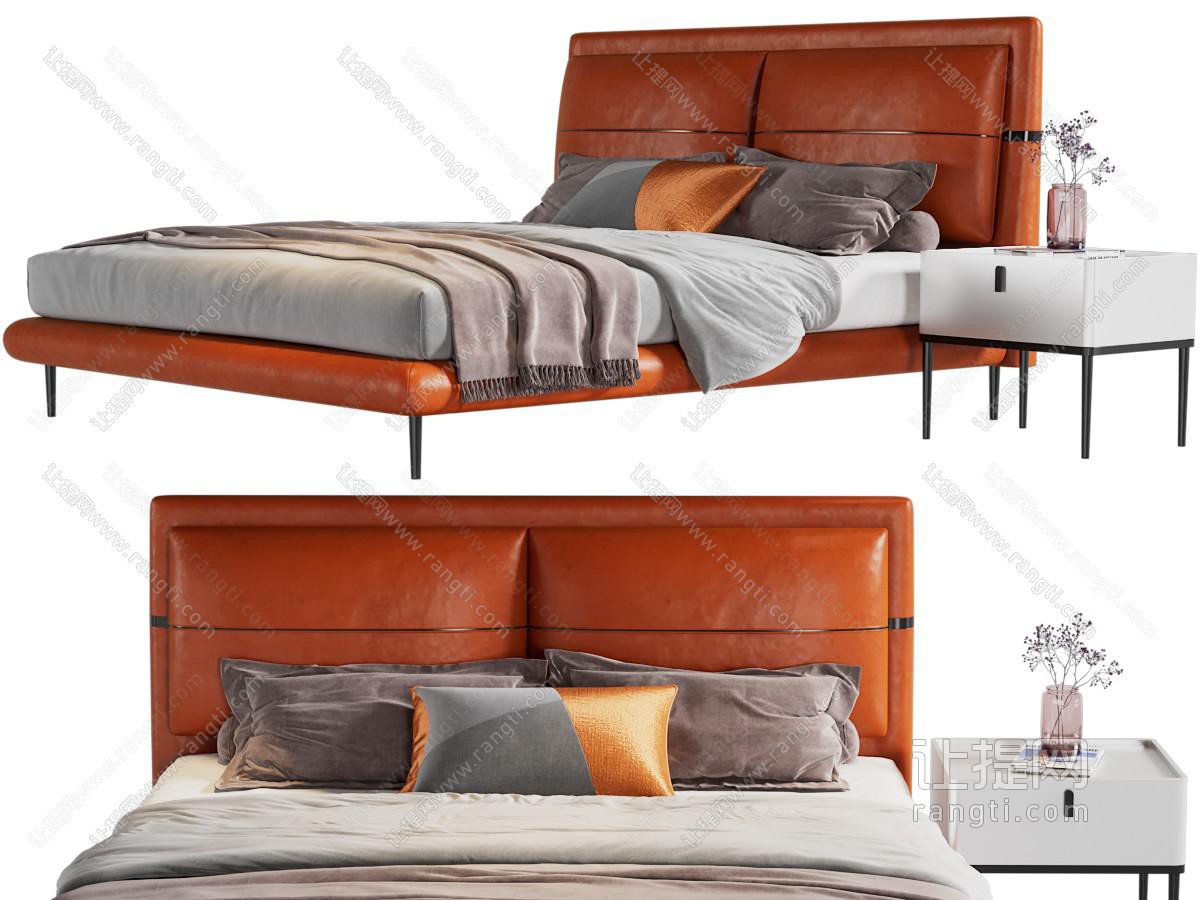 现代橙色皮革双人床、床头柜