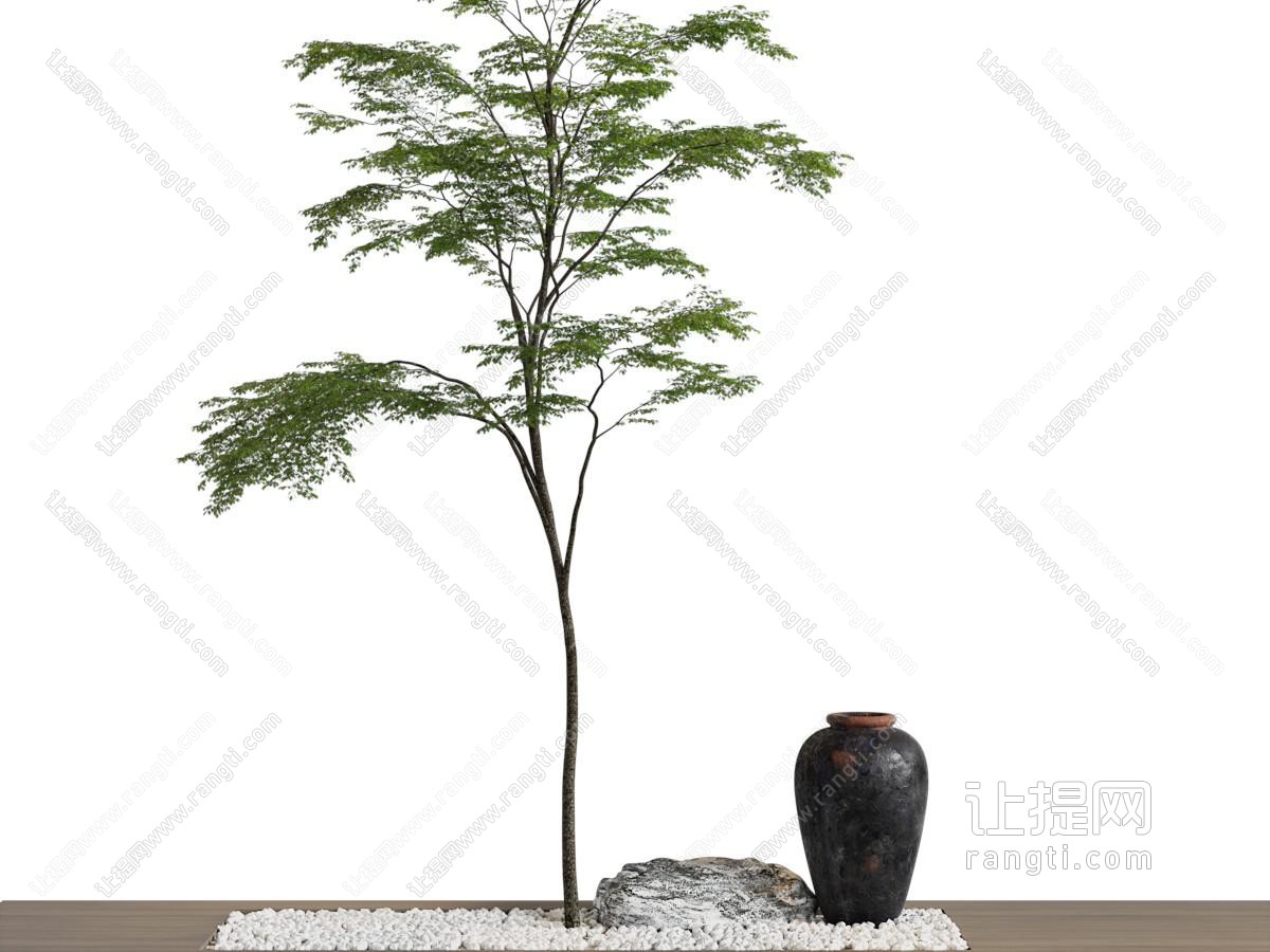 新中式树木、石子、陶罐景观小品