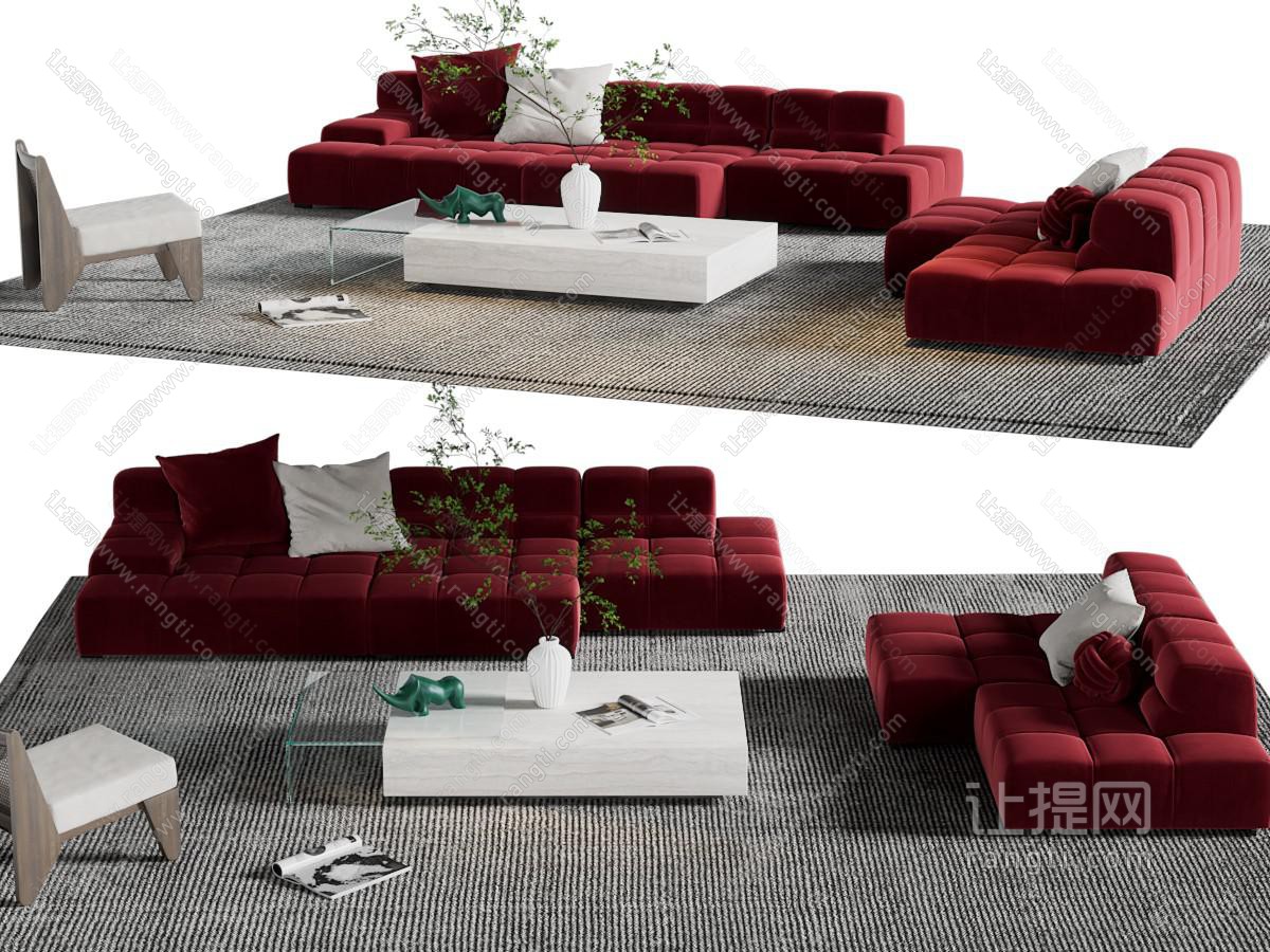 现代红色多人沙发、休闲椅子、茶几组合