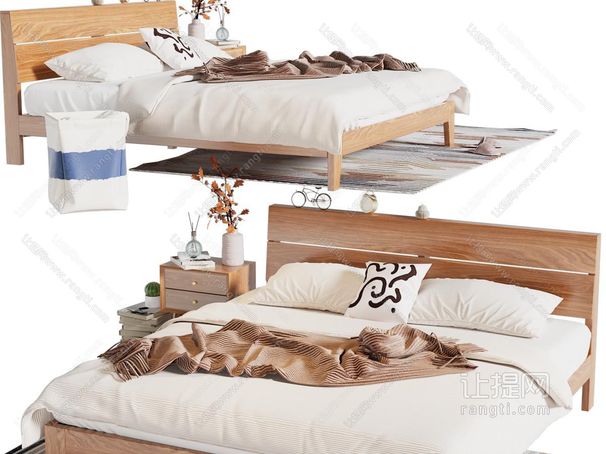 北欧实木双人床、床头柜
