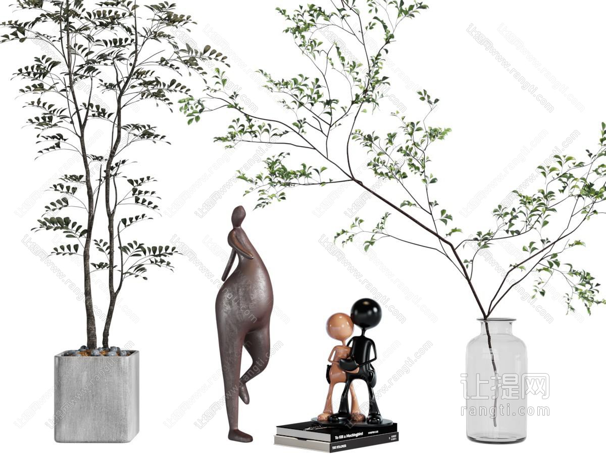 现代雕塑、花瓶树枝摆件组合