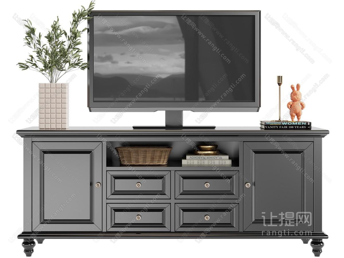 美式黑色实木电视柜、电视机