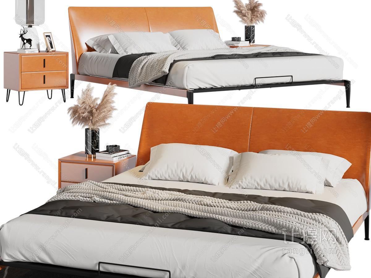 现代橙色床头双人床、床头柜
