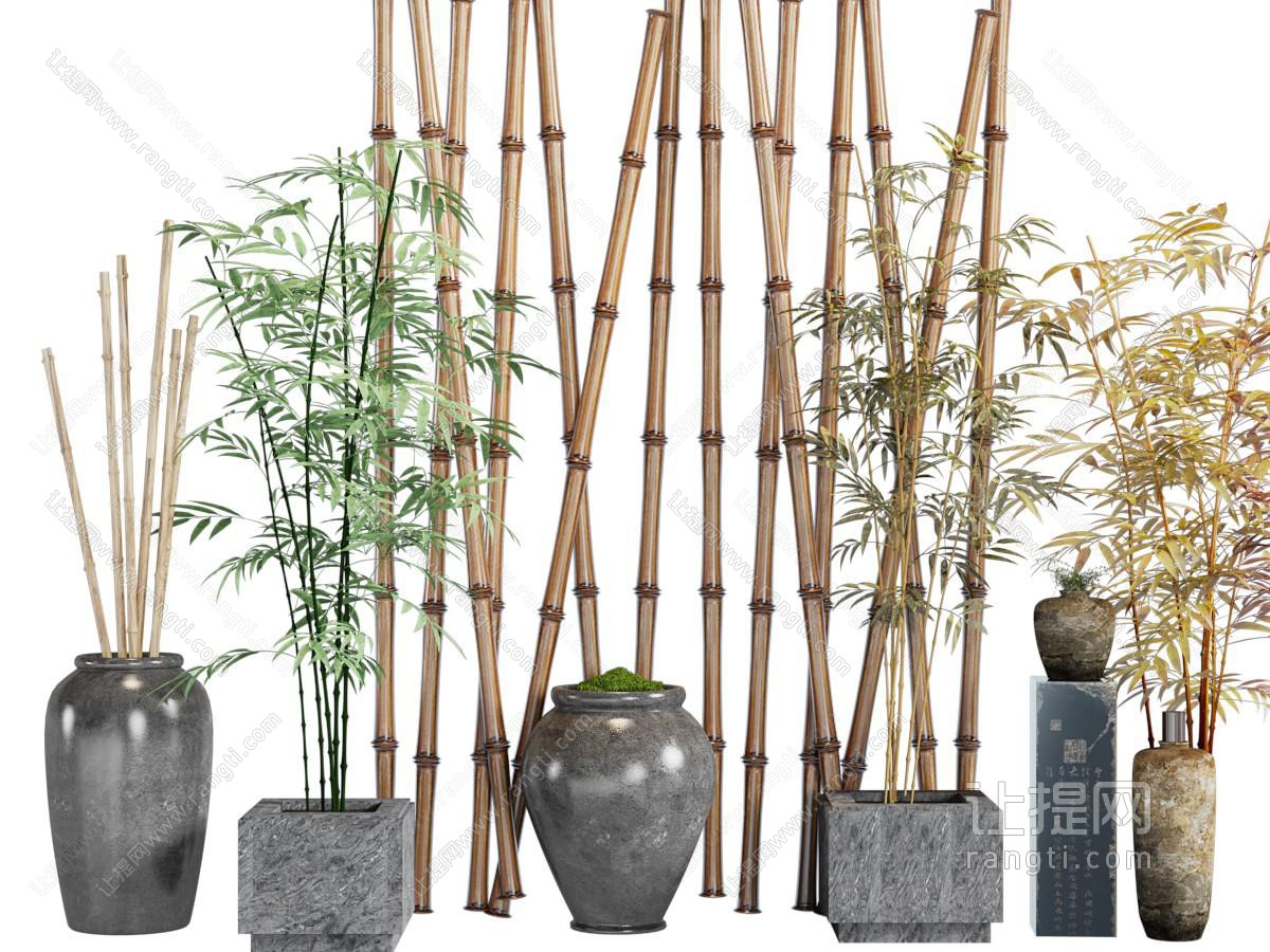 新中式竹子、陶罐景观园艺小品