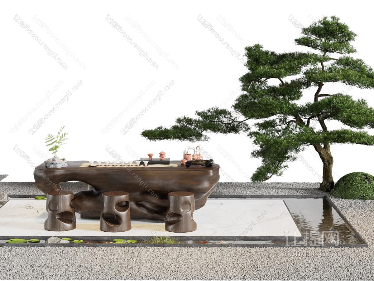 新中式户外水景、茶桌景观园艺小品