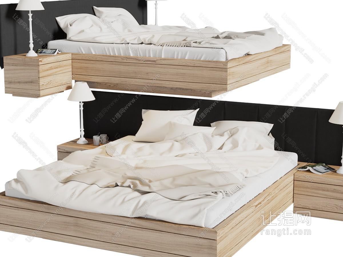 现代实木箱式双人床、床头柜