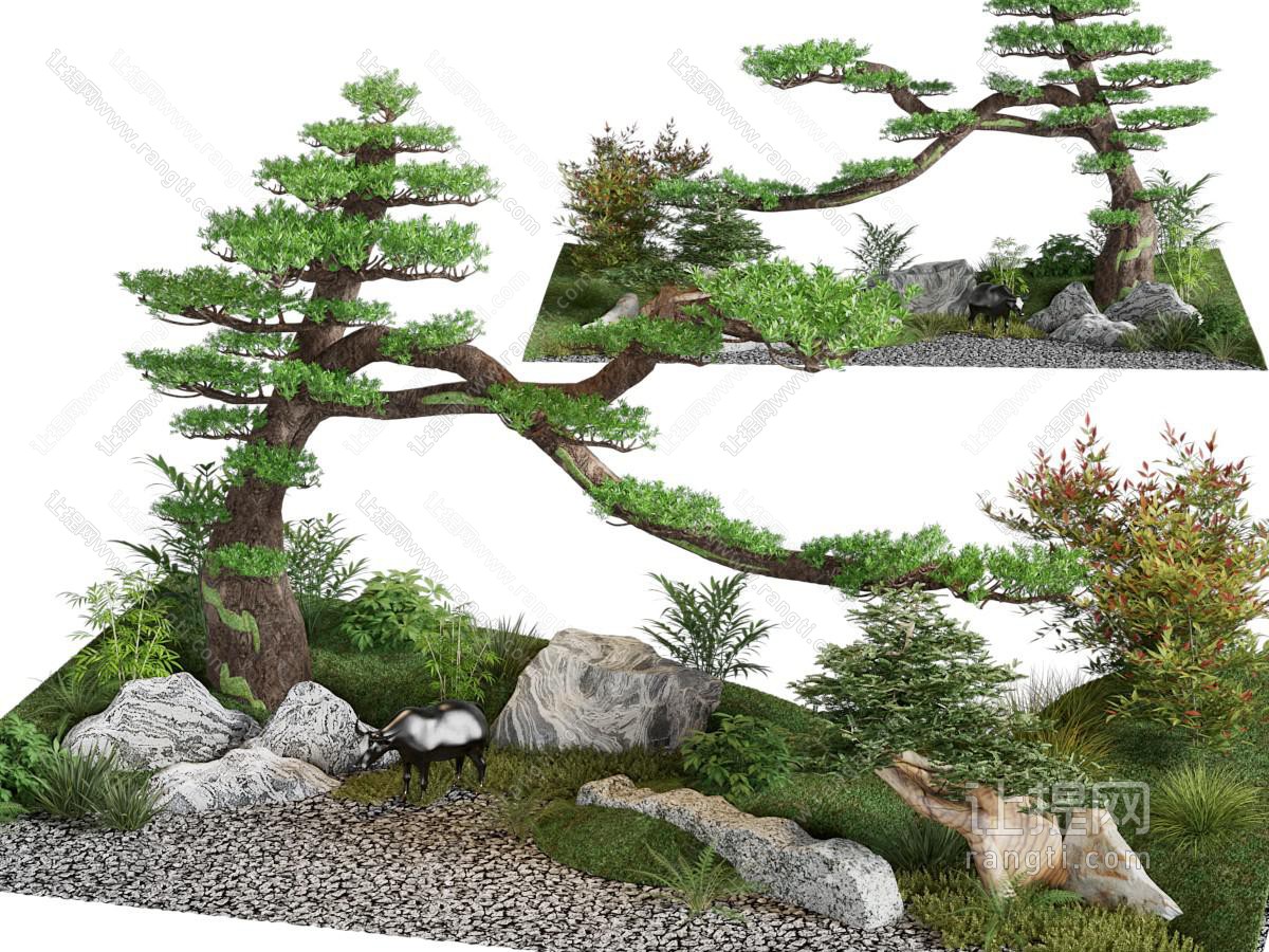 新中式松树石头景观园艺小品