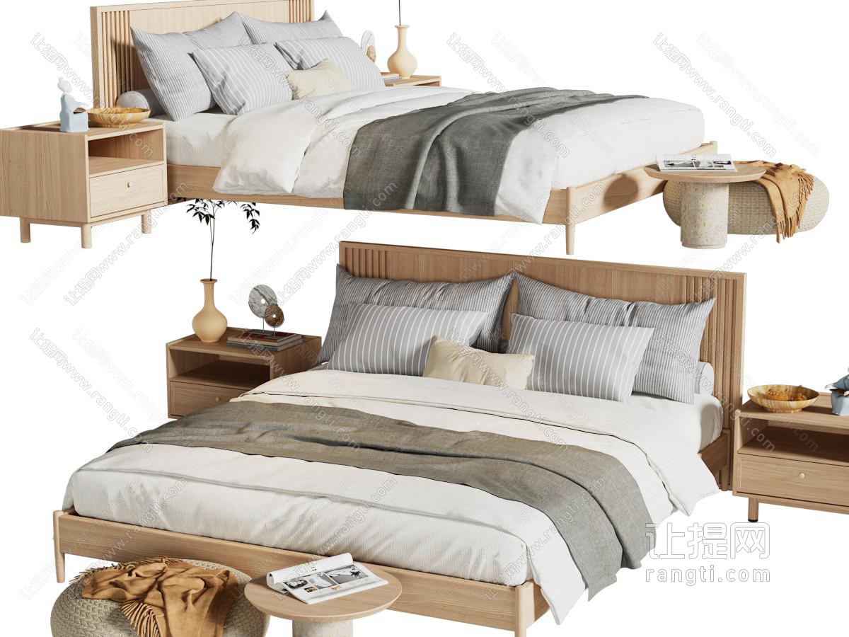 日式实木双人床、床头柜