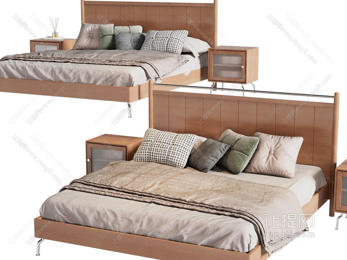 现代实木双人床、床头柜