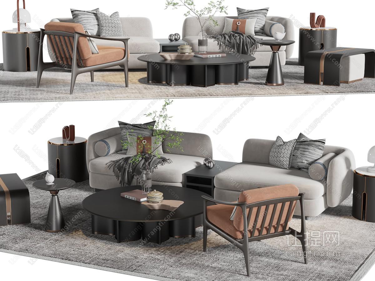 现代双人沙发、休闲椅子和茶几组合