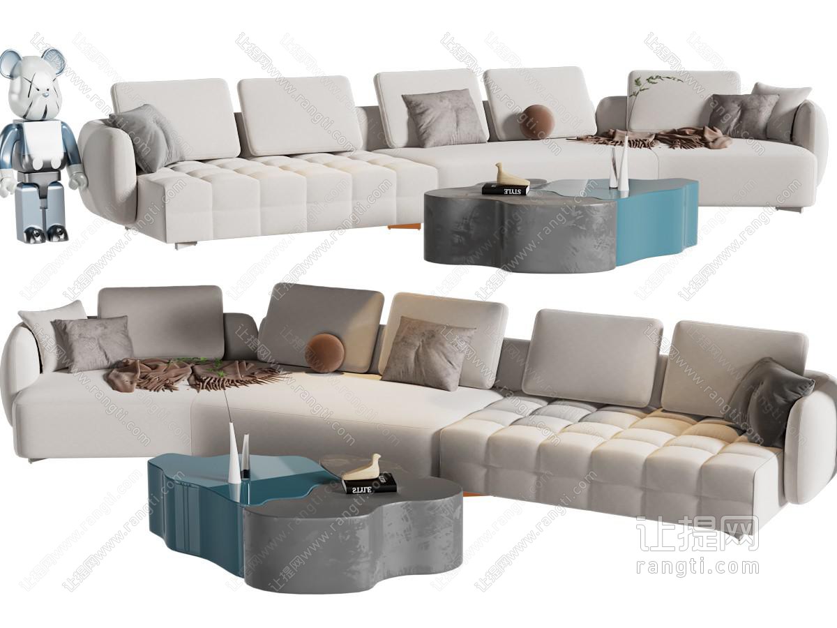 现代弧形多人沙发、茶几组合