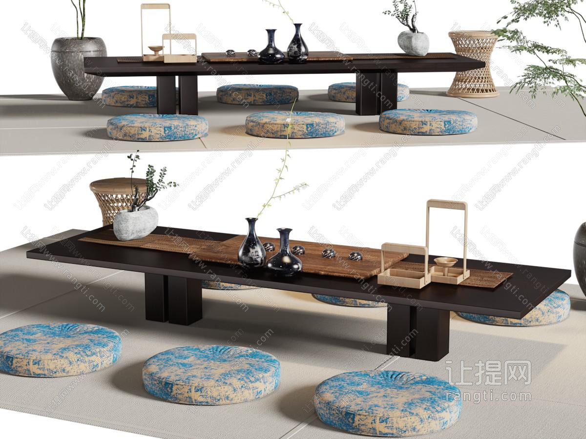 日式长方形茶台、坐垫