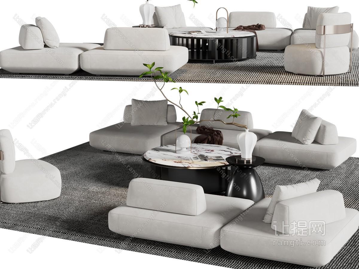 现代多人沙发、单人沙发和茶几组合