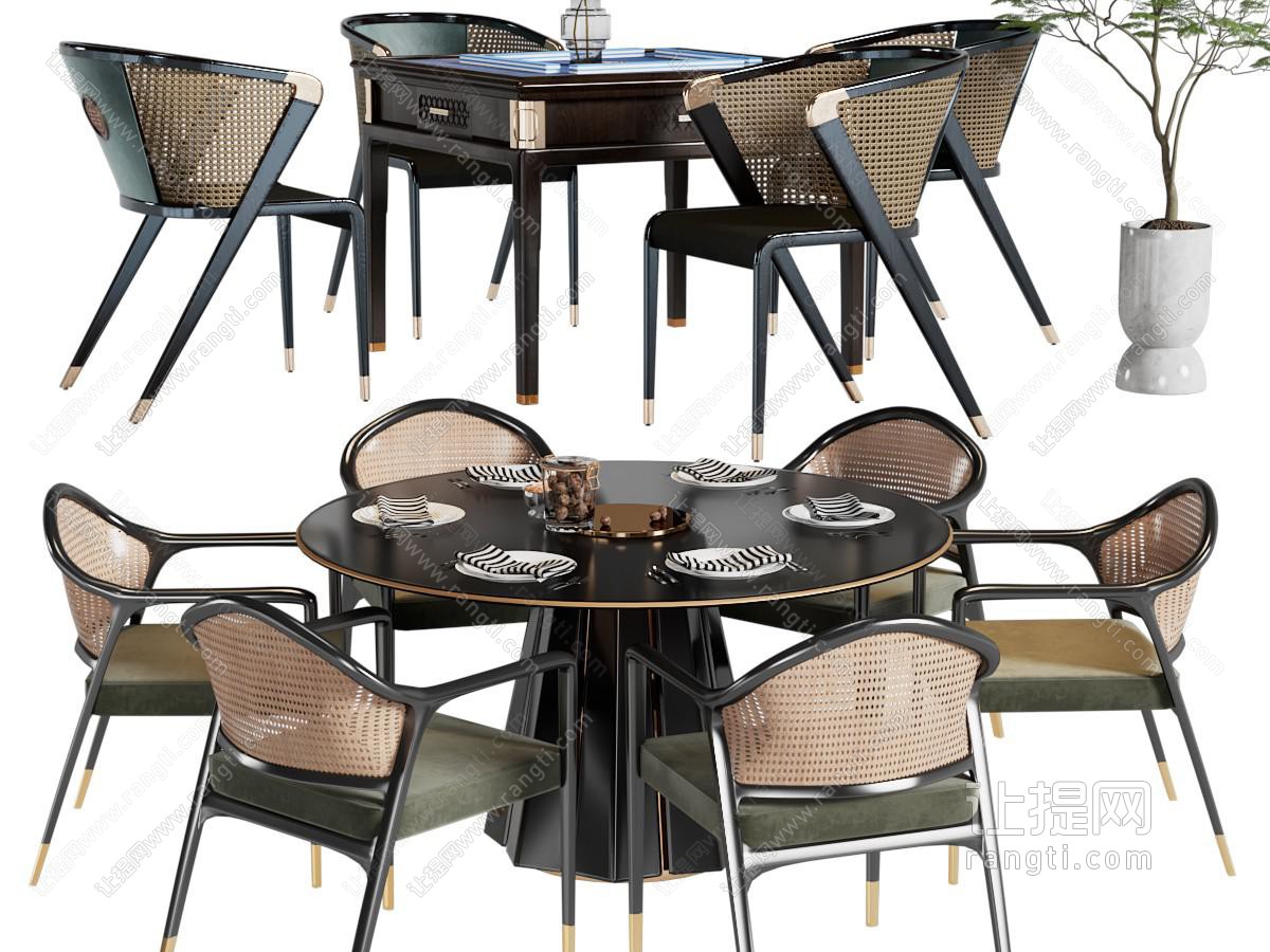 新中式圆形、方形餐桌椅组合