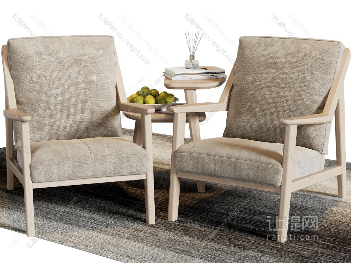 现代实木框单人沙发、边几