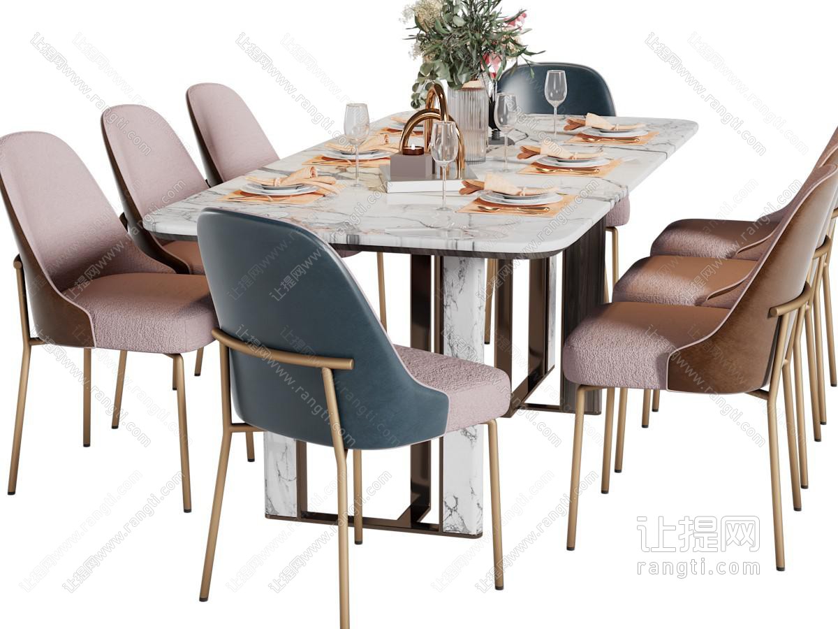 现代轻奢长方形餐桌椅组合