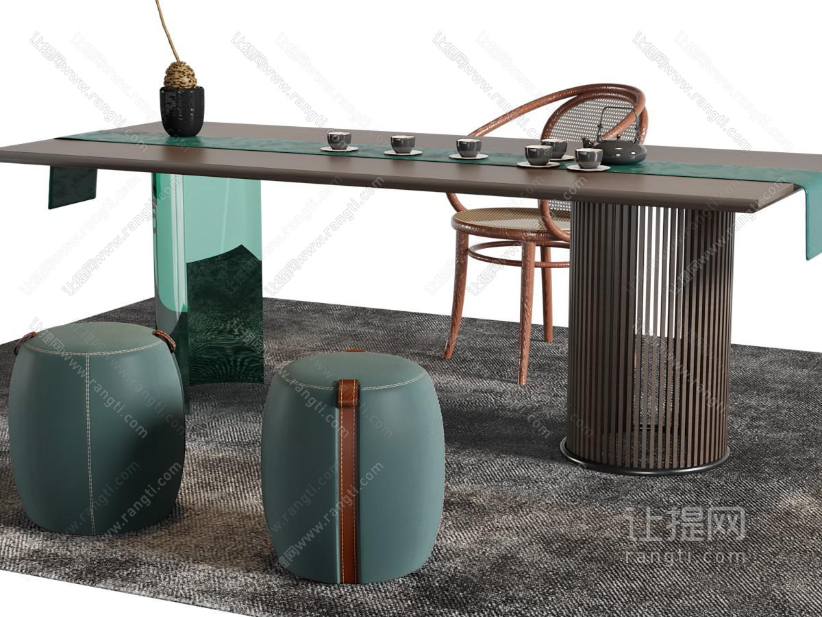新中式长方形茶桌椅组合