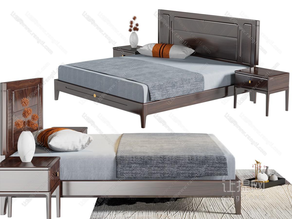 新中式实木双人床、床头柜