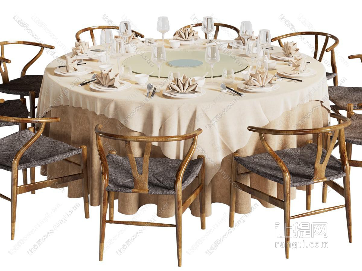新中式实木圆形餐桌椅组合