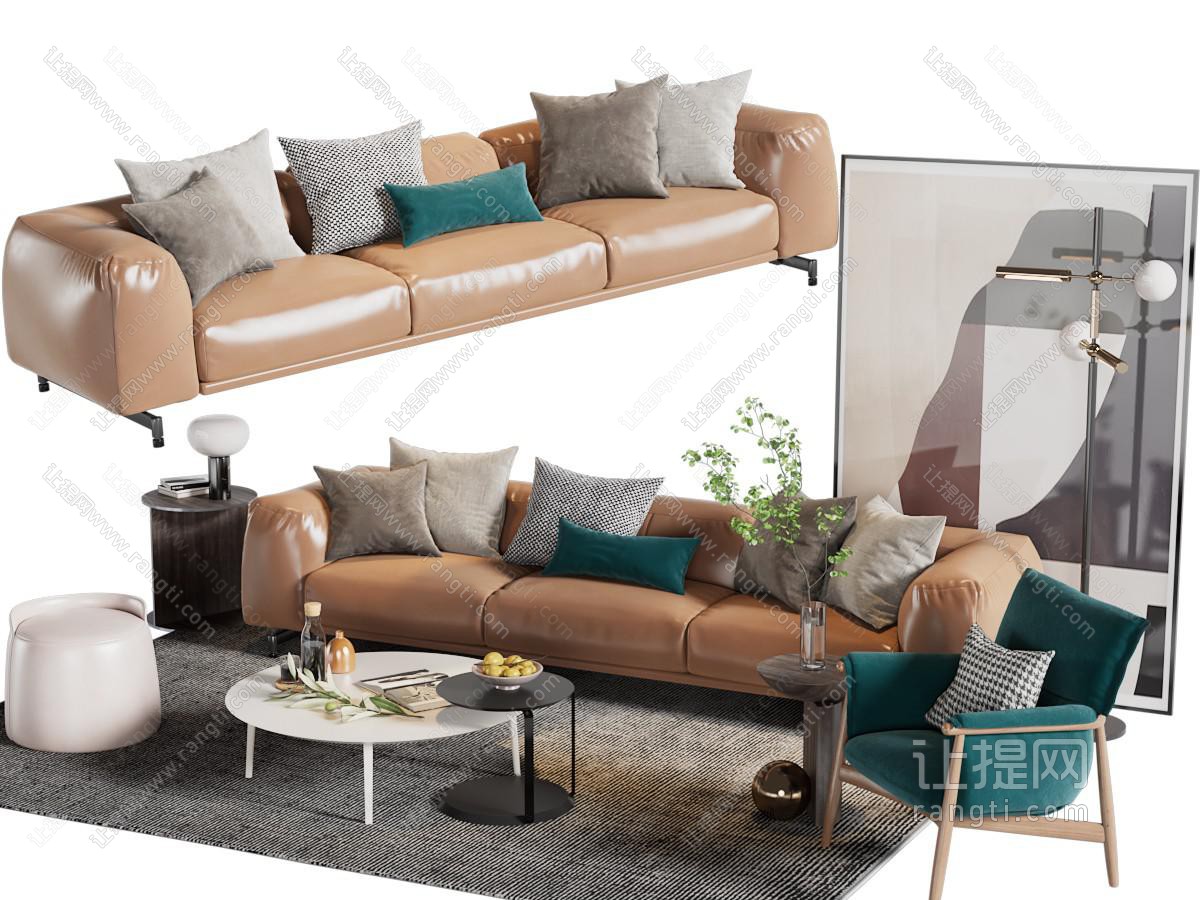 现代浅咖啡色多人沙发、休闲椅子和茶几组合