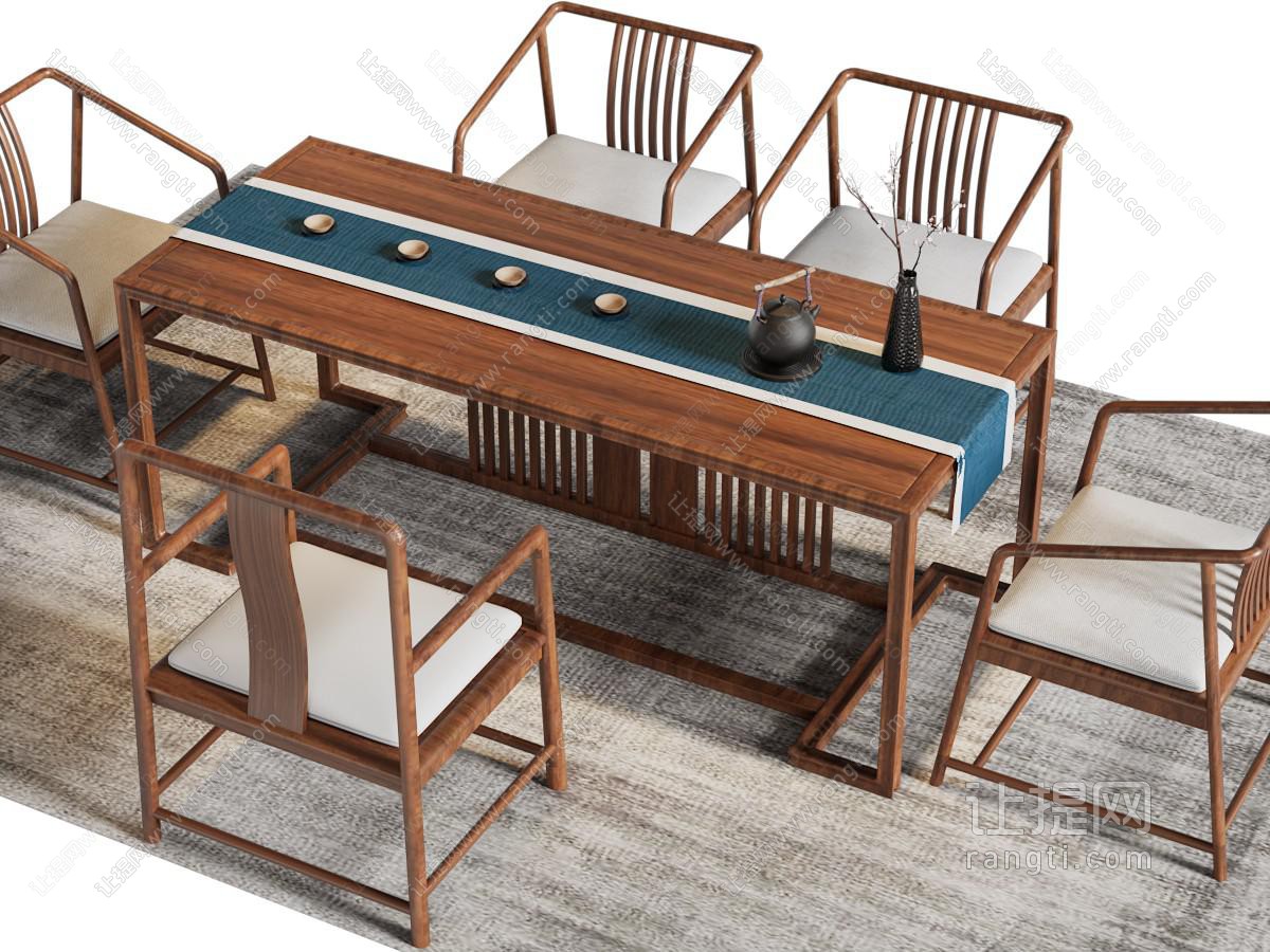 新中式长方形实木茶桌椅组合
