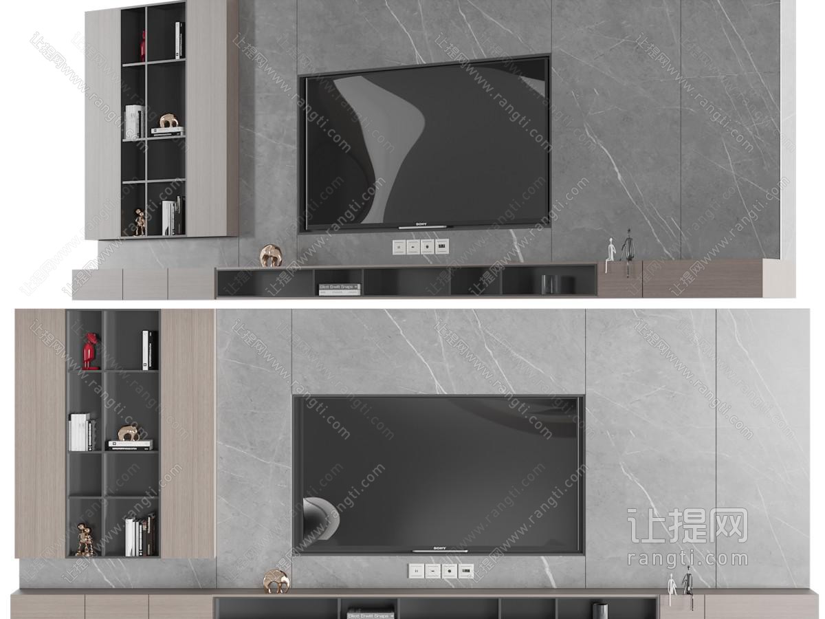 现代带装饰柜的电视背景墙