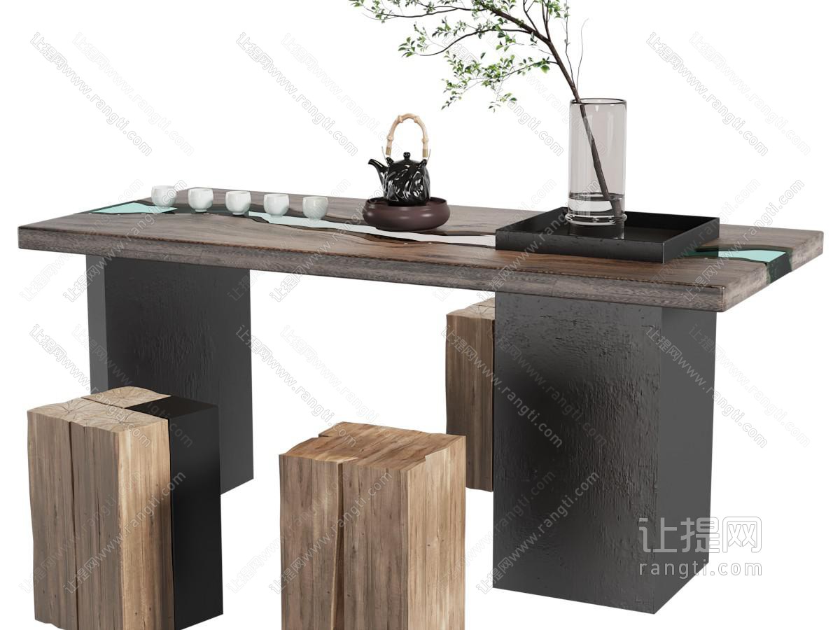 新中式茶桌木凳子组合