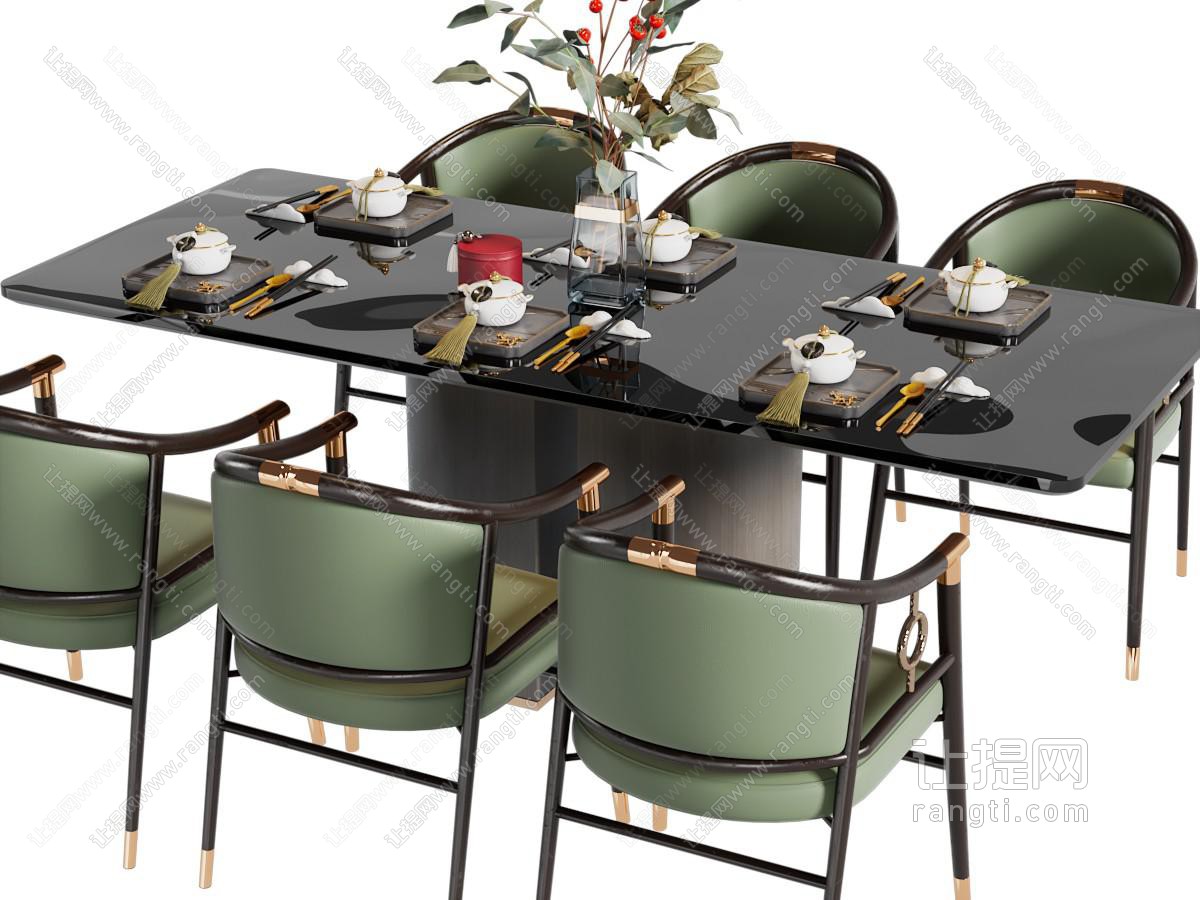 新中式长方形餐桌椅组合