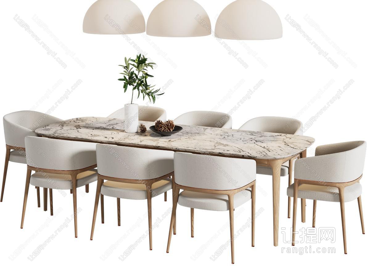 现代长方形圆角餐桌椅组合