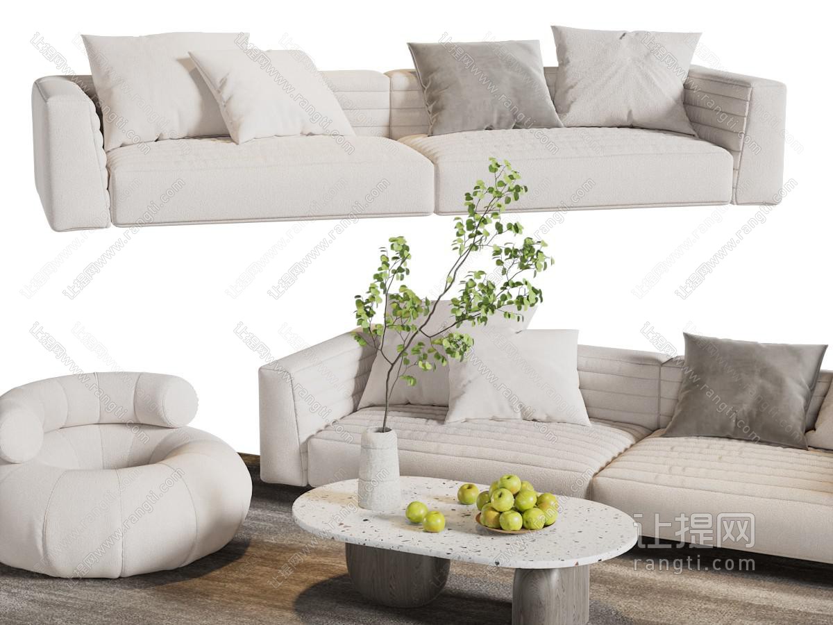 现代白色布艺双人沙发、懒人沙发和茶几组合