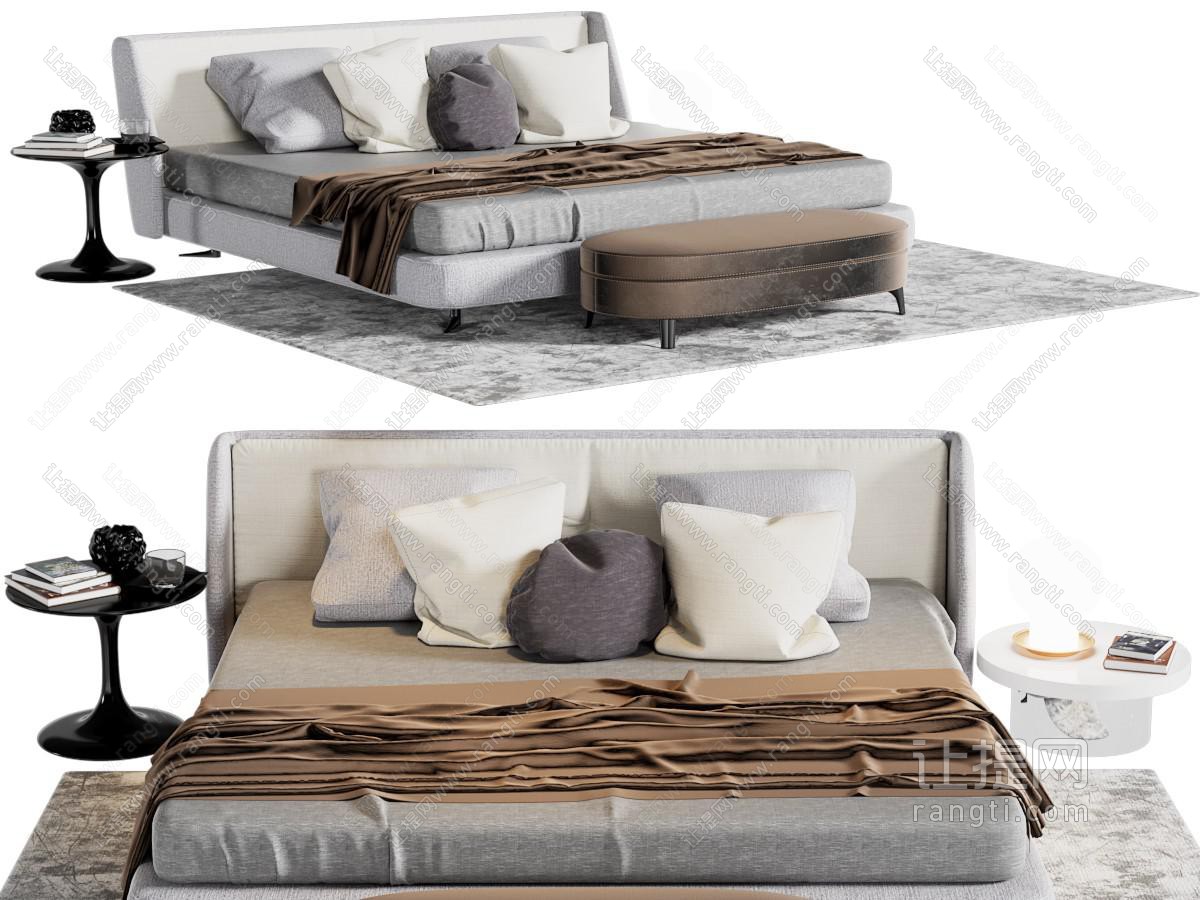 现代布艺双人床、床头柜