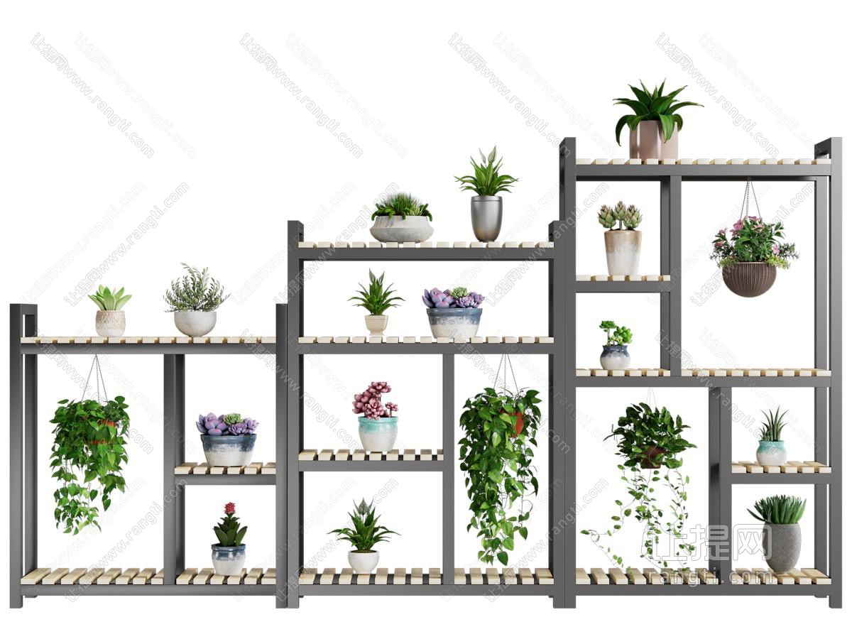 现代错层花架、盆栽植物