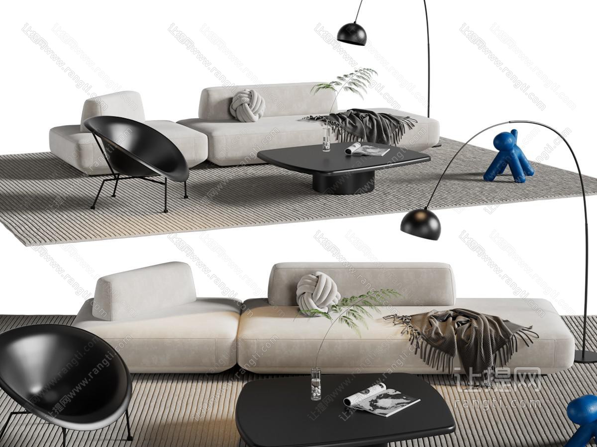 现代布艺多人沙发、落地灯和茶几组合