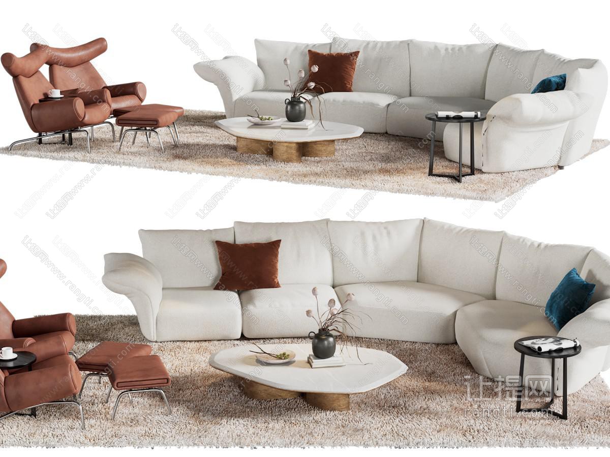 现代弧形多人沙发、沙发椅子、茶几组合