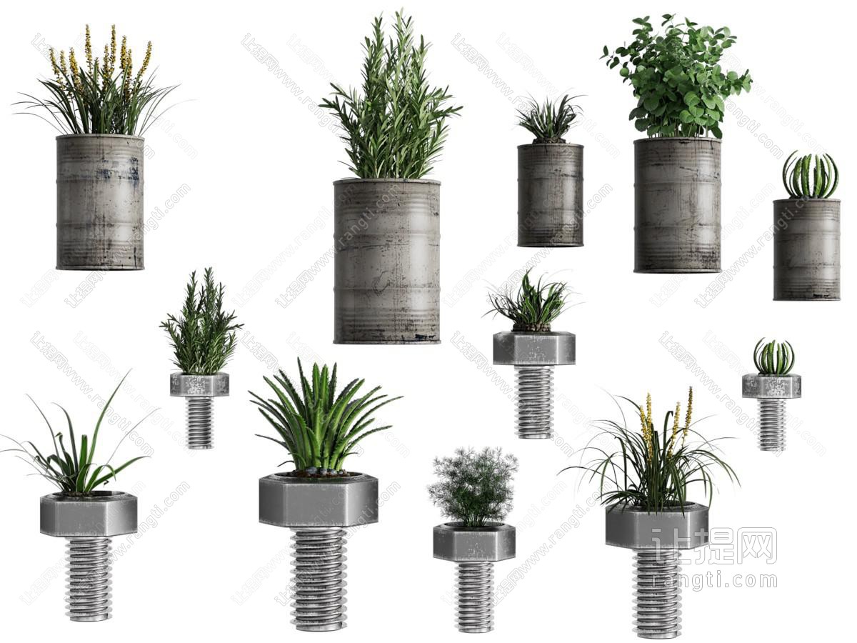 工业loft螺丝钉、油桶造的花盆盆栽植物