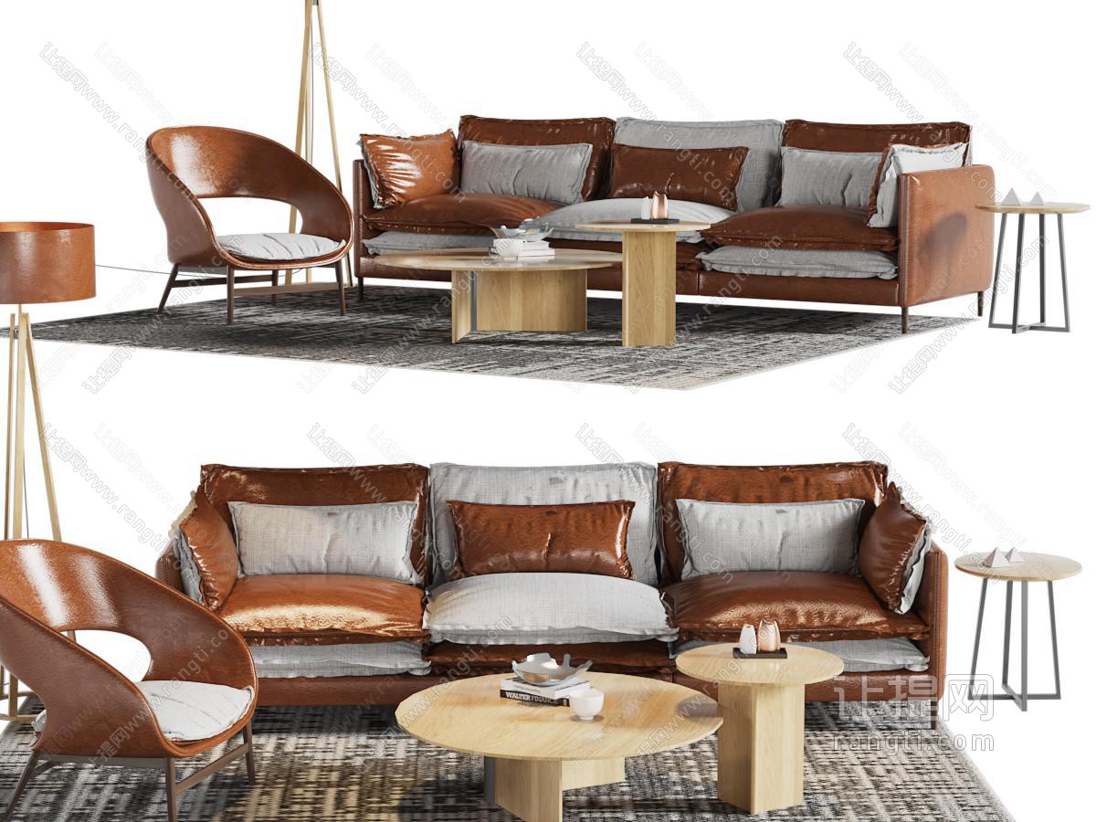 现代拼接多人沙发、休闲椅子和茶几组合
