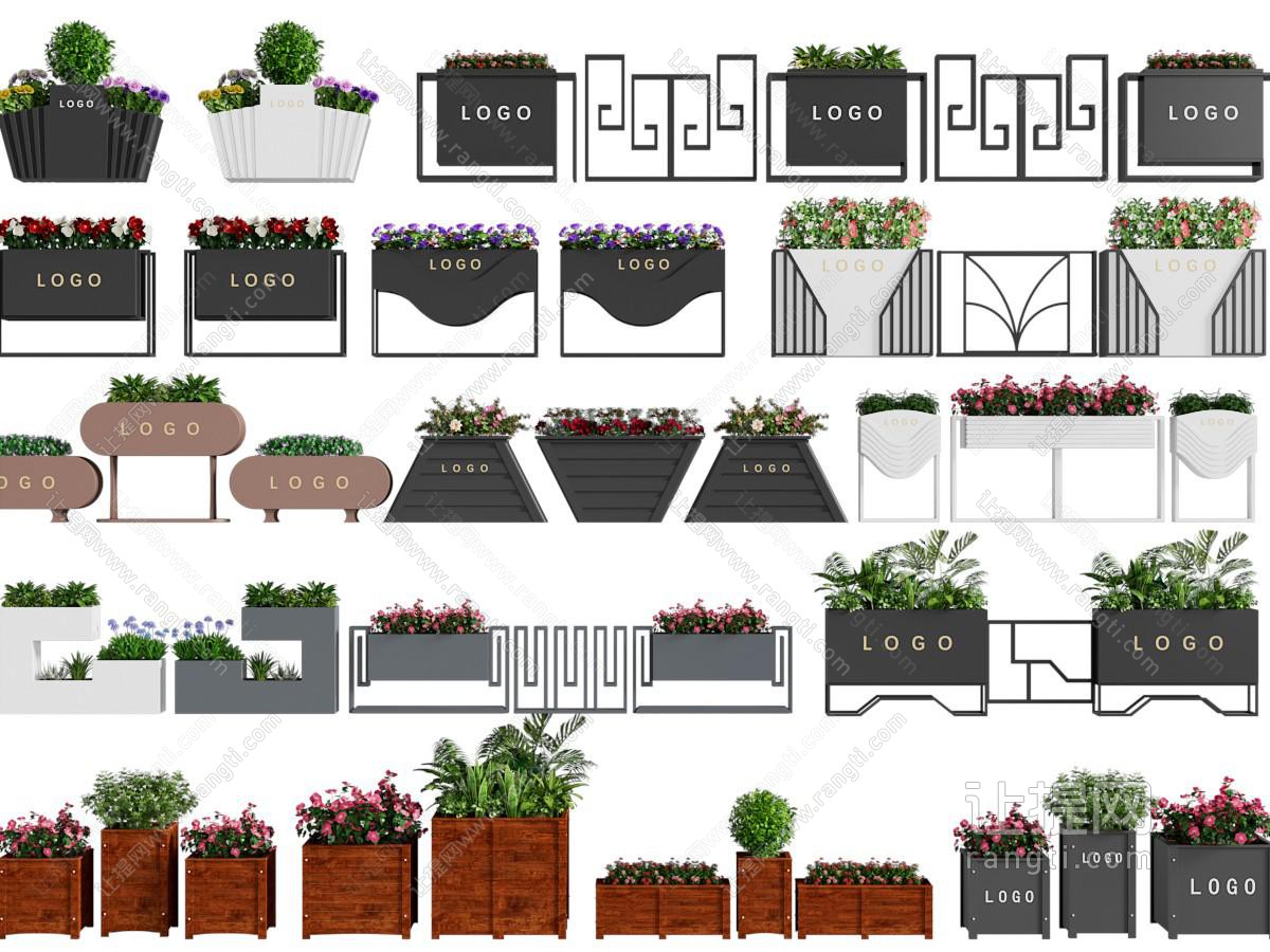 现代户外花盆盆栽植物、隔断