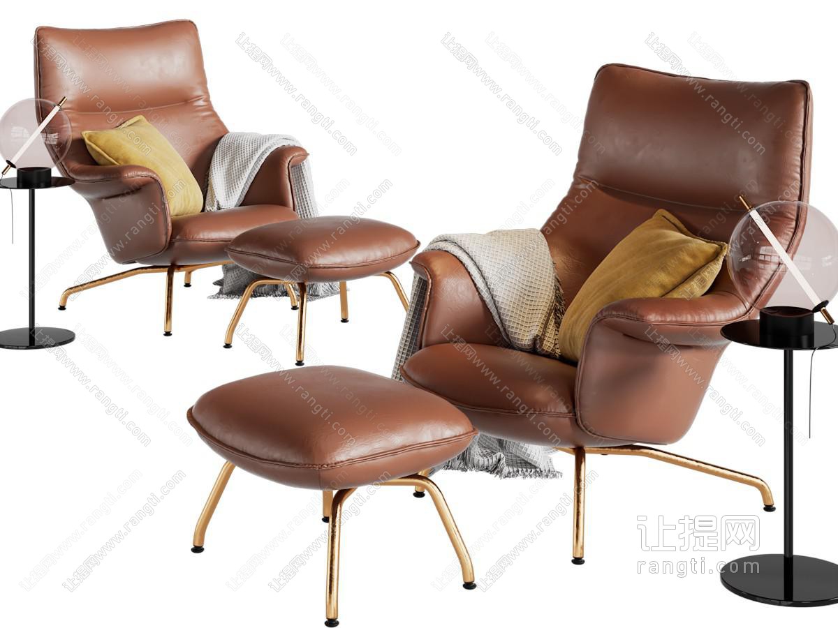 现代棕色皮质休闲椅子、脚踏