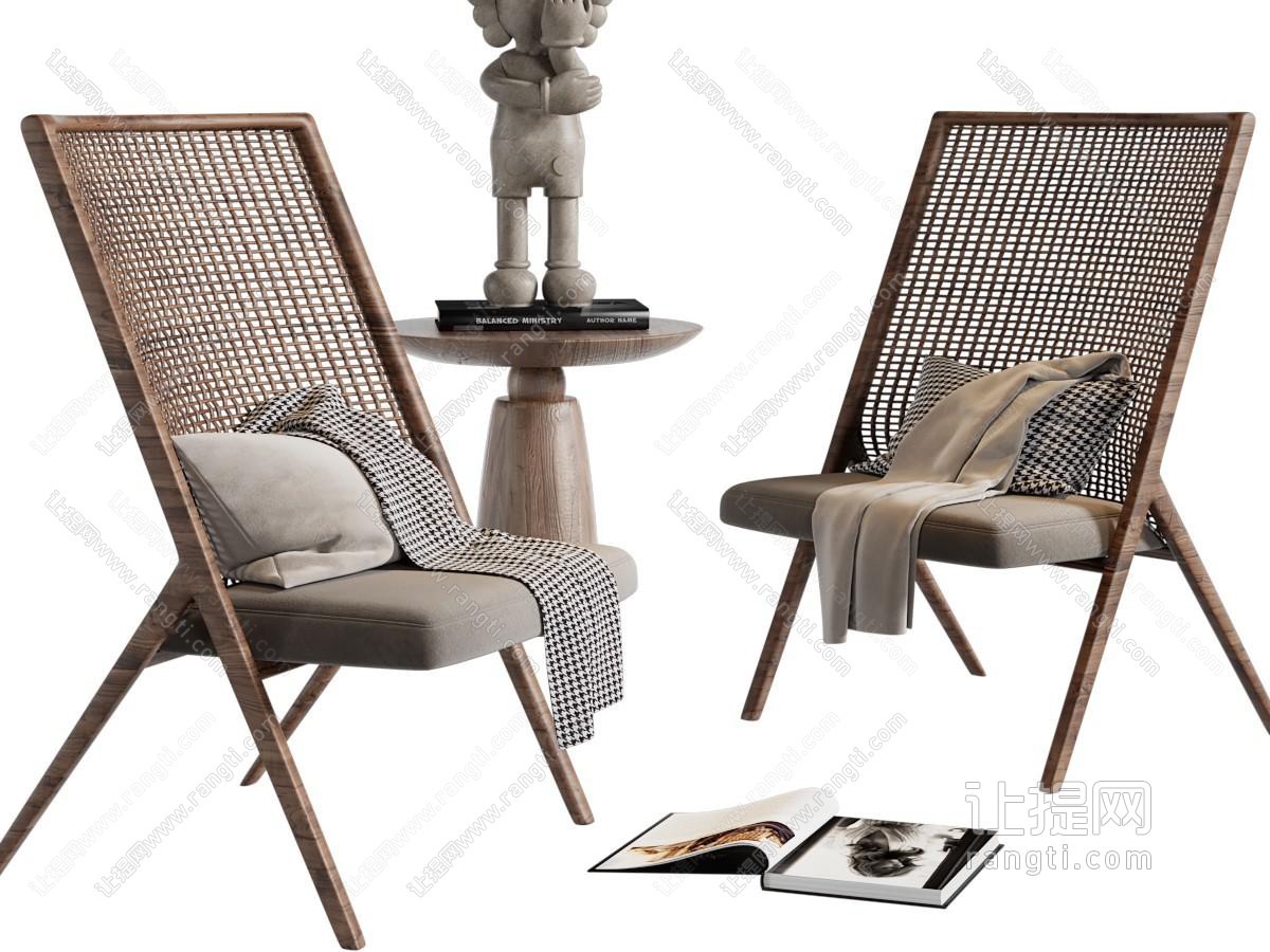 现代实木镂空靠背的休闲椅子、边几