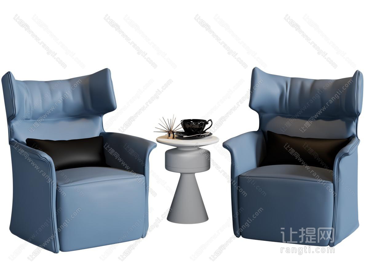 现代蓝色单人沙发、边几
